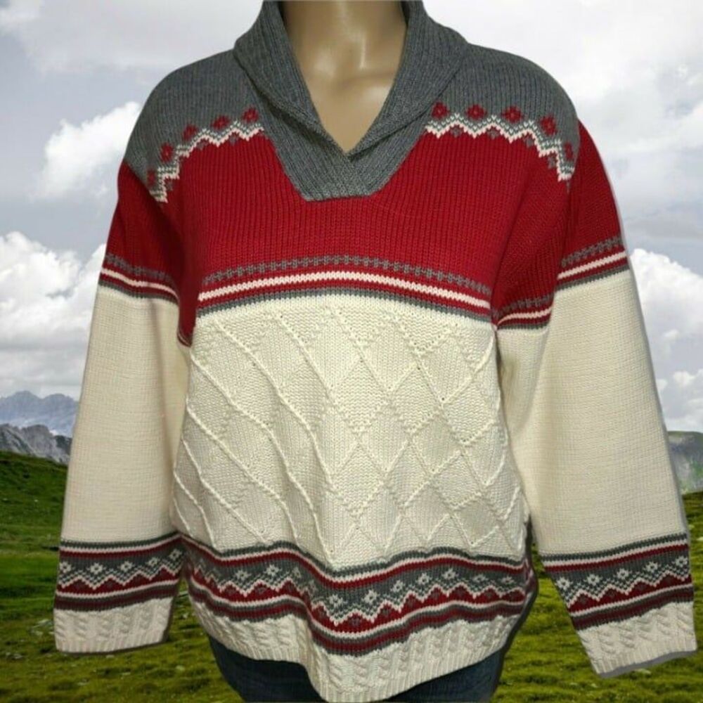 NWT Vtg Liz Claiborne Liz Sport Shawl Collar Fair Isles Cabincore Sweater Sz PL